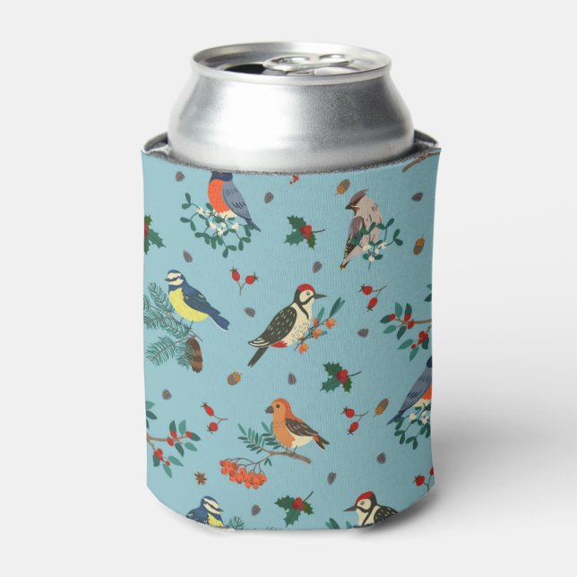 Festive Winter Birds Christmas Pattern Can Cooler (Can Front)