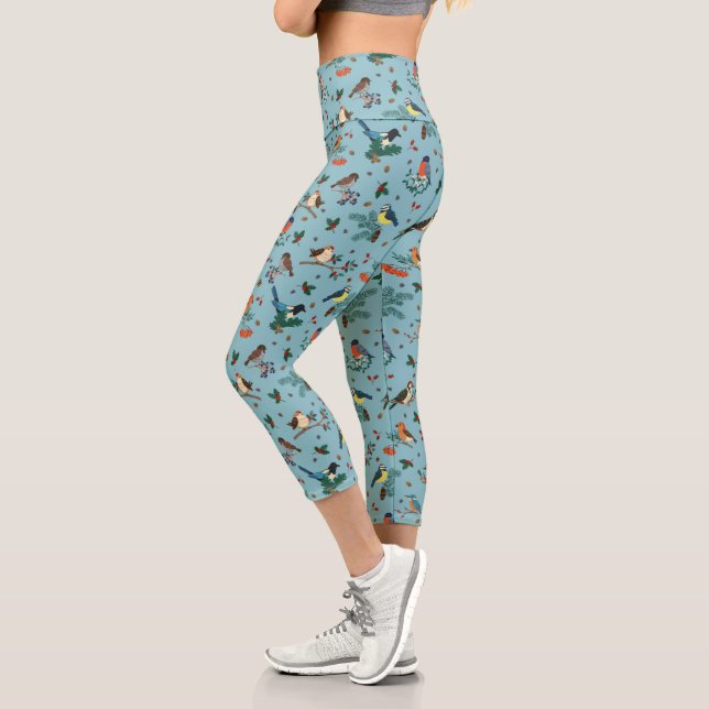 Festive Winter Birds Christmas Pattern Capri Leggings (Left)