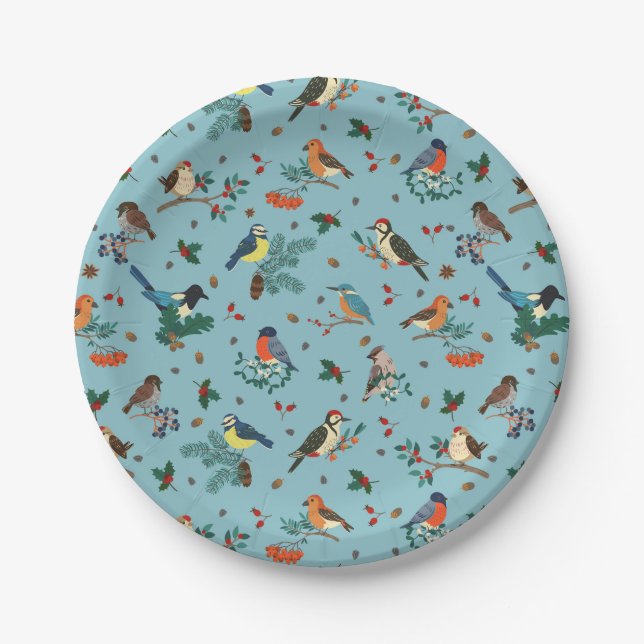 Festive Winter Birds Christmas Pattern Paper Plates (Front)