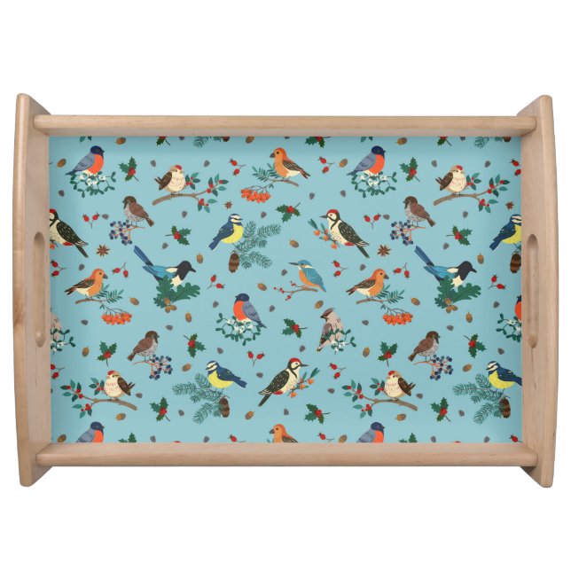 Festive Winter Birds Christmas Pattern Serving Tray (Front)