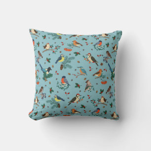 Festive Winter Birds Christmas Pattern Throw Pillow