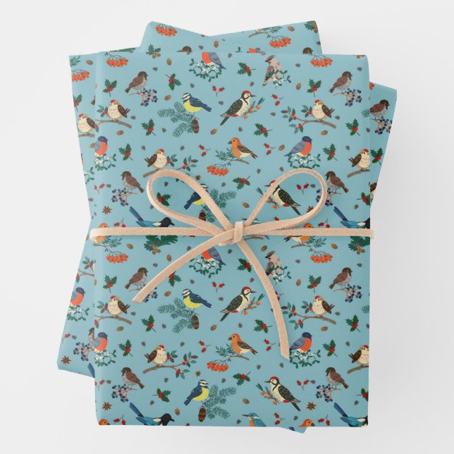 Festive Winter Birds Christmas Pattern Wrapping Paper Sheets (In situ)