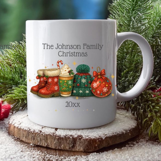 Festive Winter Boots Hats Family Christmas  Coffee Mug (Festive boots, hat, ornaments and coffee Christmas family name and year mug)
