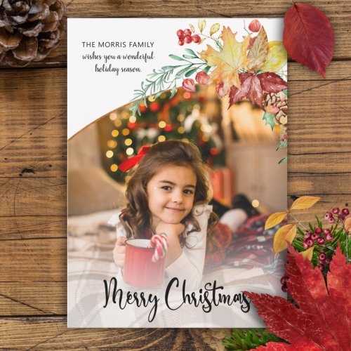 Festive Winter Botanical Calligraphy Photo Holiday Card