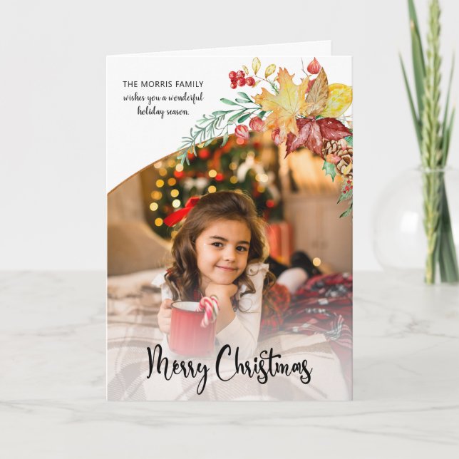 Festive Winter Botanical Calligraphy Photo Holiday Card (Front)
