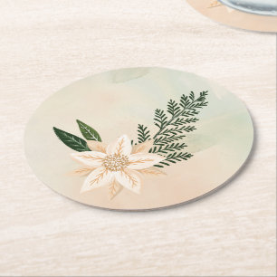 festive winter botanical christmas holiday round paper coaster