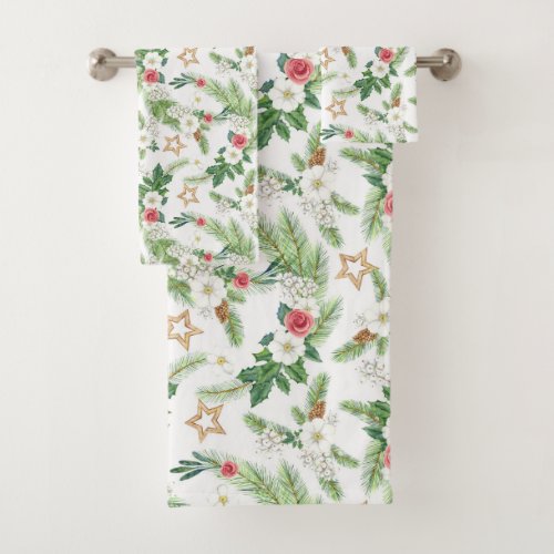 Festive Winter Botanicals All Over Print Bath Towel Set