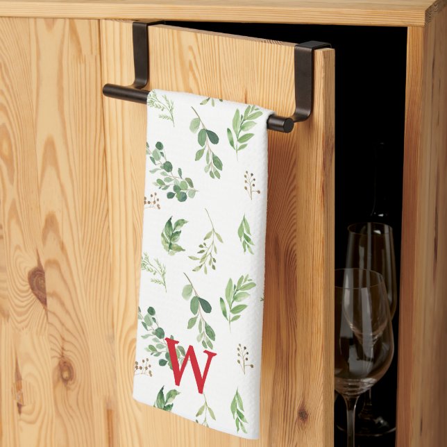 Festive Winter Botanicals Monogram Holiday Kitchen Towel (Thirds Fold)