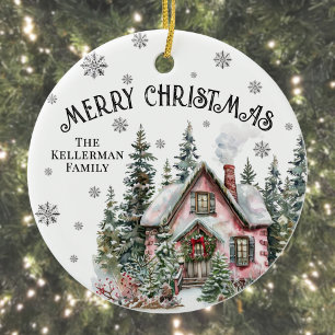Festive Winter Cabin Merry Christmas Ceramic Ornament