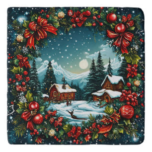 Festive Winter Cabin Scene by Christmas Wreath Trivet