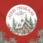 Festive Winter Christmas Classic Round Sticker<br><div class="desc">Add a cozy touch to your holiday favors, gift bags, or envelope seals with this round Christmas sticker featuring a charming watercolor winter cabin. At the top, "Merry Christmas" is curved in a graceful script around the edge, creating a festive frame. Just below, there's space to add your family name...</div>