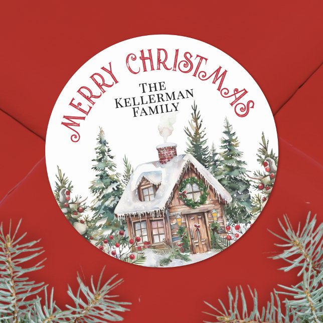 Festive Winter Christmas Classic Round Sticker (Festive Winter Watercolor Christmas Classic Round Sticker)