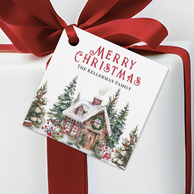 Festive Winter Christmas Favor Tags (Festive Winter Cabin Watercolor Christmas Favor Tags)