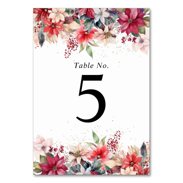 Festive Winter Christmas Florals Wedding Table Number (Front)