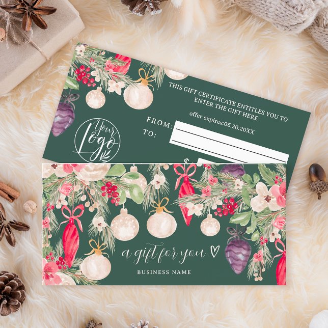 Festive winter Christmas logo gift certificate (Festive winter Christmas logo gift certificate on green)