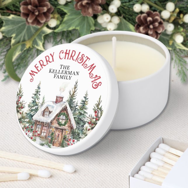 Festive Winter Christmas Mini Candle Favors (Festive Winter Watercolor Christmas Mini Candle Favors)