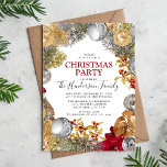 Festive Winter Christmas Party Invitation<br><div class="desc">Set the festive mood with these stunning christmas party invitations,  designed with a winter christmas wreath adorned with silver and gold shiney baubles,  gold leaf foliage,  red berry sprigs,  silver firns,  a snow overlay and an elegant template that is easy to personalize.</div>