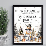 Festive Winter Christmas Party Welcome Sign<br><div class="desc">Welcome guests in festive style with this charming winter snowman-themed party welcome sign. The elegant watercolor design features a delightful black and white snowman wearing a top hat and gold scarf, surrounded by golden accents, festive trees, and presents along the bottom—creating a warm and whimsical holiday vibe. The text is...</div>