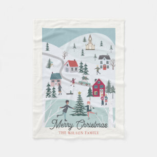 Festive Winter Christmas Town/Village Fleece Blanket