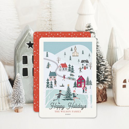 Festive Winter Christmas TownVillage  Holiday Card