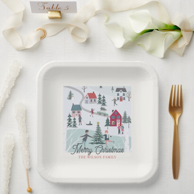 Festive Winter Christmas Town/Village Holiday Paper Plates (Wedding)