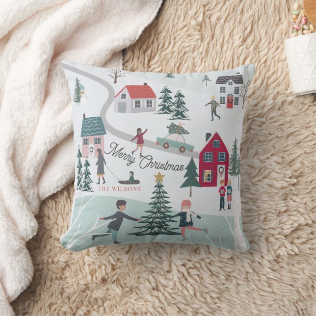 Festive Winter Christmas Town/Village Holiday Throw Pillow (Blanket)