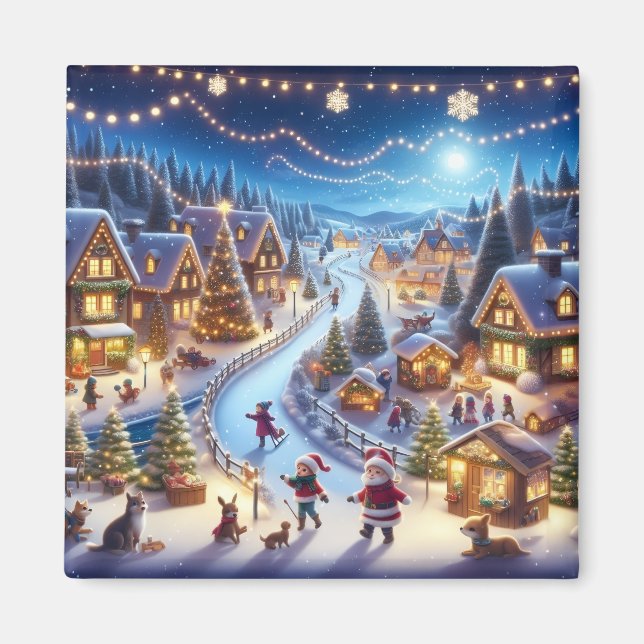 Festive Winter Christmas Village Night Magnet (Front)