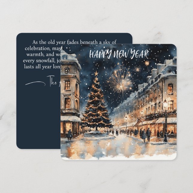 Festive Winter Cityscape with Fireworks  Holiday Card (Front/Back)