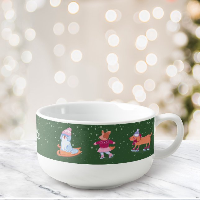 Festive Winter Cute Ice Skating  Dogs Name Green Soup Mug (Creator Uploaded)