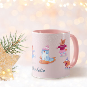 Festive Winter Cute Ice Skating Dogs Name Mug