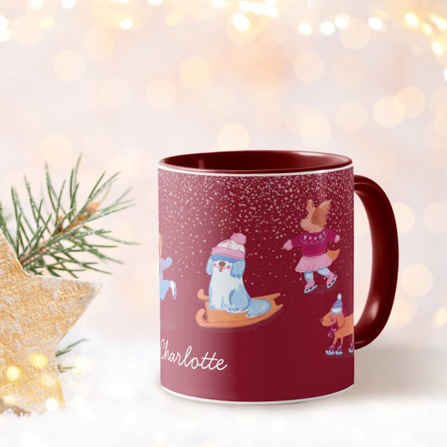 Festive Winter Cute Ice Skating  Dogs Red Name Mug (Creator Uploaded)