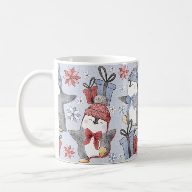 Festive Winter Dancing Penguins Coffee Mug (Left)