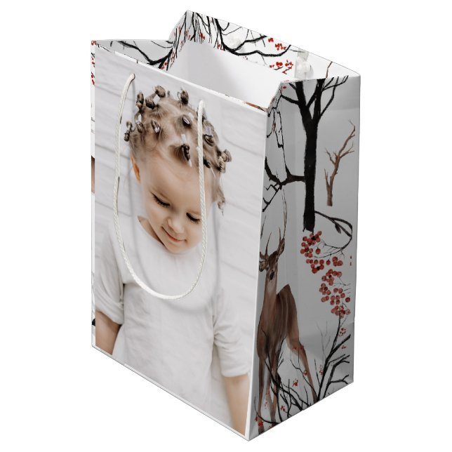 Festive Winter Deer Two Photo Christmas Medium Gift Bag (Back Angled)