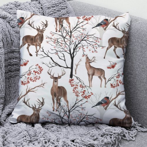 Festive Winter Deer Woodland Pattern Christmas Throw Pillow
