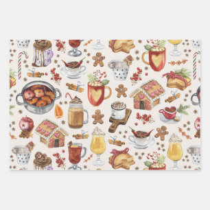 Festive Winter Drinks and Desserts Wrapping Paper Sheets