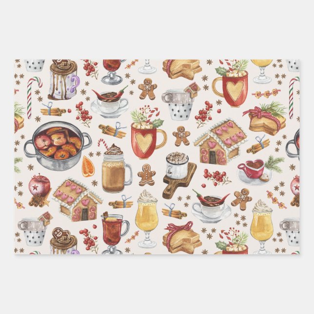 Festive Winter Drinks and Desserts Wrapping Paper Sheets (Front)