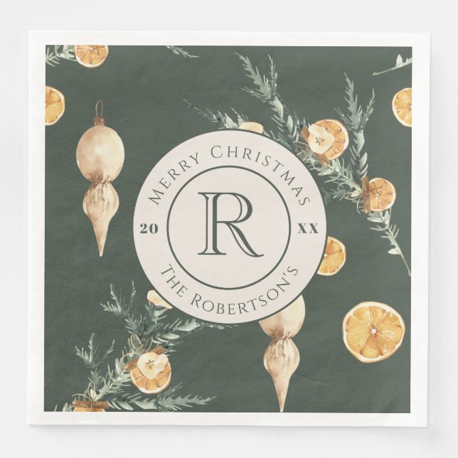 Festive Winter Elegance: Watercolor Monogrammed Paper Dinner Napkins (Front)