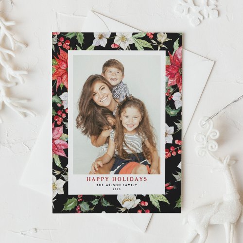 Festive Winter Floral Pattern Black Photo Holiday Card