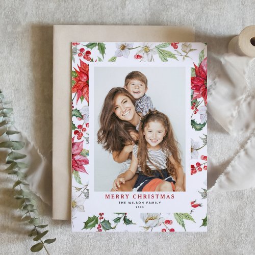 Festive Winter Floral Pattern Christmas Photo Holiday Card