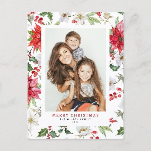 Festive Winter Floral Pattern Christmas Photo Holiday Postcard