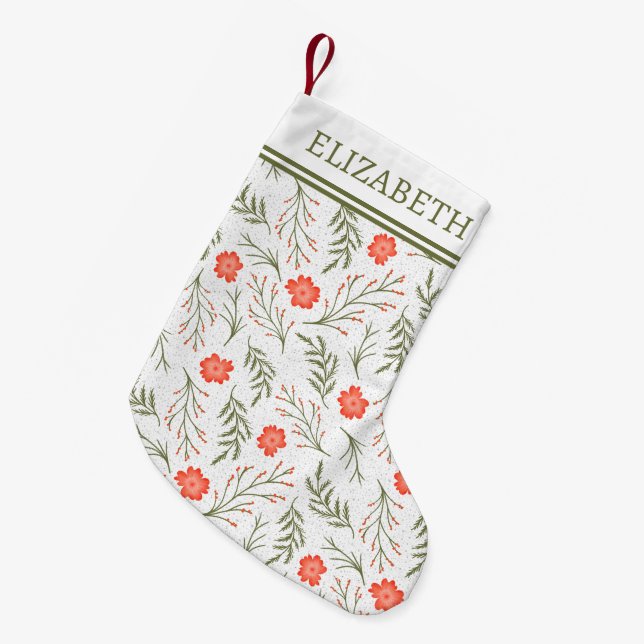 Festive Winter Floral With Monogram Holiday Small Christmas Stocking (Front (Hanging))