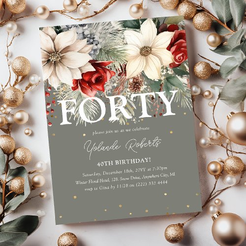 Festive Winter Florals 40th Birthday Invitation