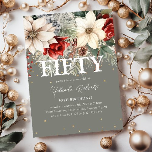 Festive Winter Florals 50th Birthday Invitation