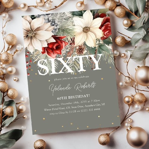 Festive Winter Florals 60th Birthday Invitation