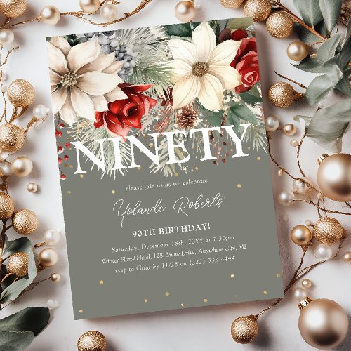 Festive Winter Florals 90th Birthday Invitation