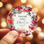 Festive Winter Florals Christmas Wedding Classic Round Sticker<br><div class="desc">Elegant Thank You Wedding Stickers featuring winter florals - poinsettias,  in rich shades of red,  burgundy,  creams and ivory,  festive berries and lush greenery. All text is easy to customize.</div>