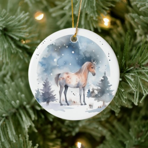 Festive Winter Forest Horse Pony Equestrian Ceramic Ornament