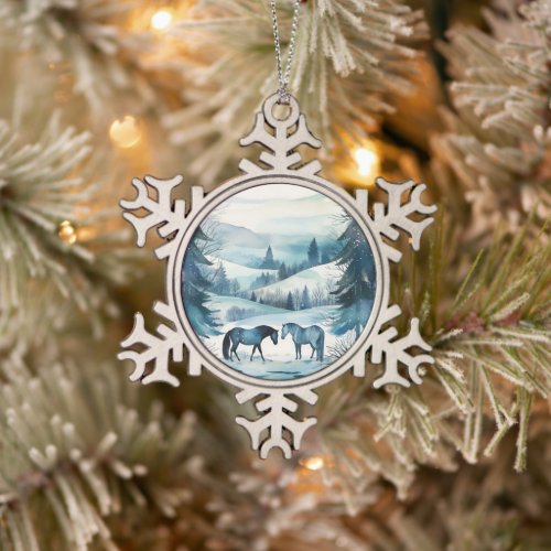 Festive Winter Forest Horses Equestrian Holiday Snowflake Pewter Christmas Ornament