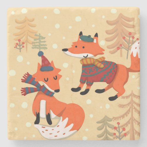 Festive Winter Foxes Stone Coaster
