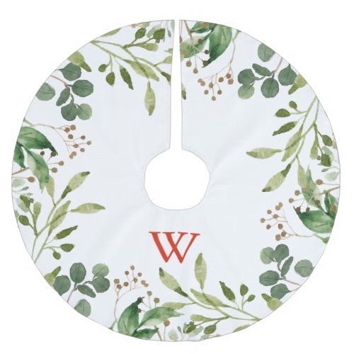 Festive Winter Greenery Holiday Monogram Brushed Polyester Tree Skirt